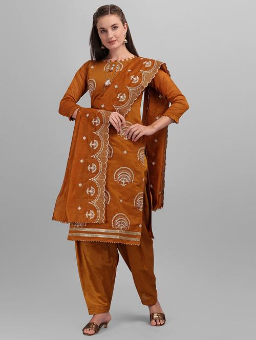 mustard chanderi cotton unstitched suit - 18014649 - Very Small Image - 1