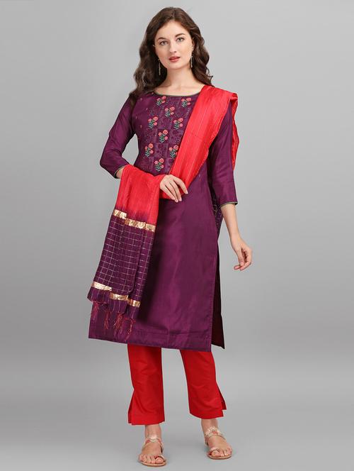 purple silk blend unstitched suit - 18014661 - Very Small Image - 1
