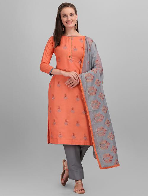 orange cotton unstitched suit - 18014665 - Very Small Image - 1