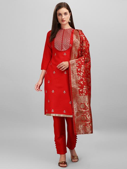 red cotton blend unstitched suit - 18014675 - Very Small Image - 1