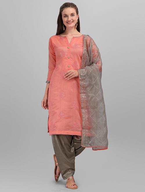 pink chanderi cotton unstitched suit - 18014676 - Very Small Image - 1