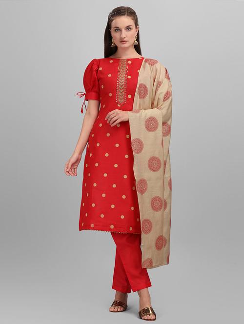red cotton blend unstitched suit - 18014683 - Very Small Image - 1