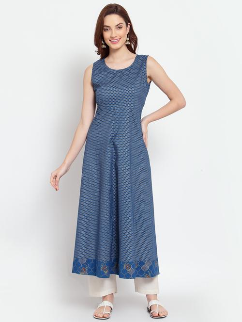 gold print flared kurta - 18015584 - Very Small Image - 1
