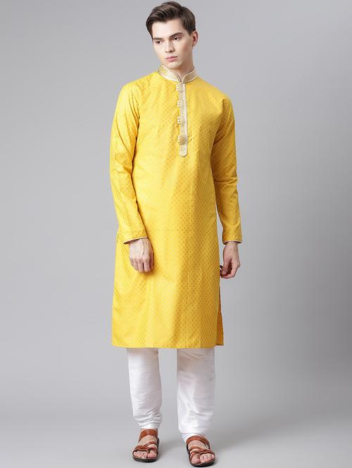 yellow printed kurta pyjama set with embroidered neckline - 18015660 - Very Small Image - 1
