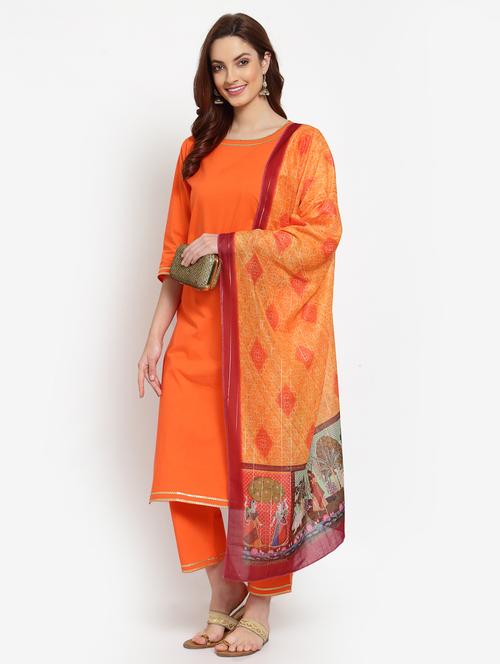 orange cotton kurta pant set - 18015741 - Very Small Image - 1