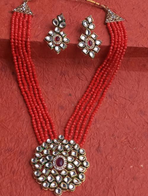red crystal kundan necklace set - 18016902 - Very Small Image - 1