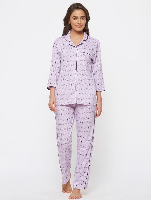 lapel neck printed nightwear pajama set - 18017836 - Very Small Image - 1