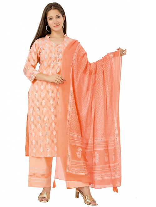 peach cotton kurta palazzo set - 18018472 - Very Small Image - 1