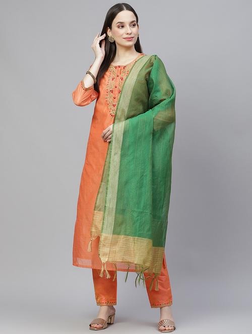orange chanderi suit set - 18018910 - Very Small Image - 1