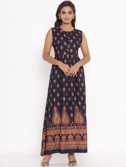 dark blue rayon fit & flare ethnic dress - 18019725 - Very Small Image - 1