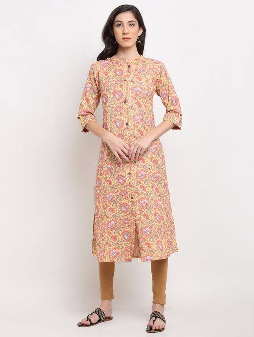 yellow cotton blend straight kurta - 18020128 - Very Small Image - 1