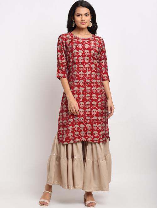 red chanderi kurta sharara set - 18020133 - Very Small Image - 1