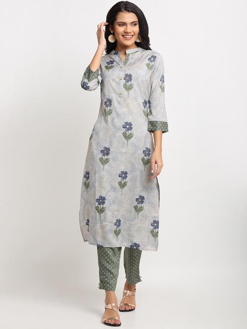 grey rayon kurta pant set - 18020137 - Very Small Image - 1