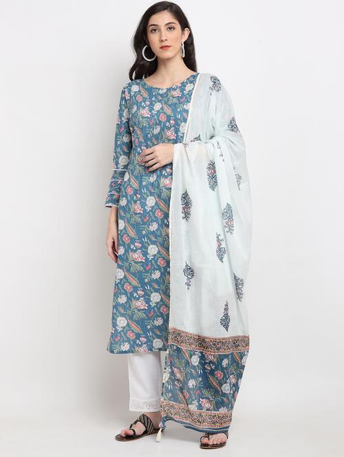 teal cotton kurta pant set - 18020139 - Very Small Image - 1