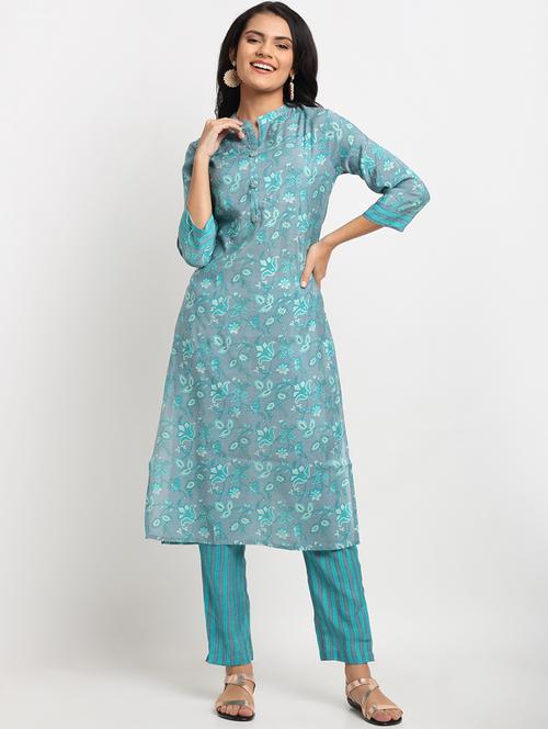 grey chanderi kurta pant set - 18020153 - Very Small Image - 1