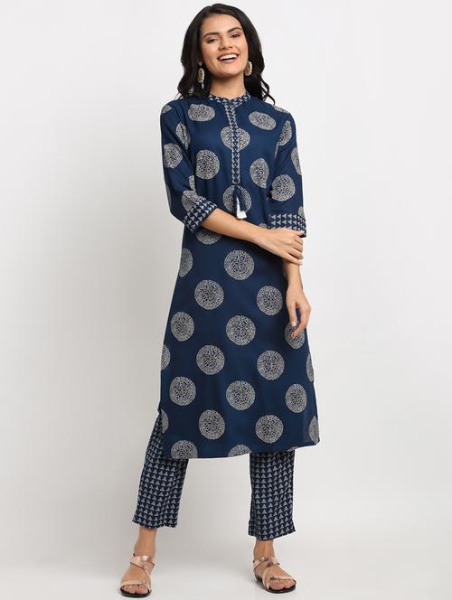 navy rayon kurta pant set - 18020164 - Very Small Image - 1