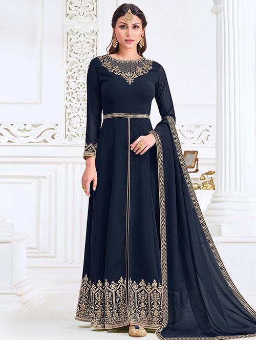 navy georgette semistitched suit - 18020456 - Very Small Image - 1