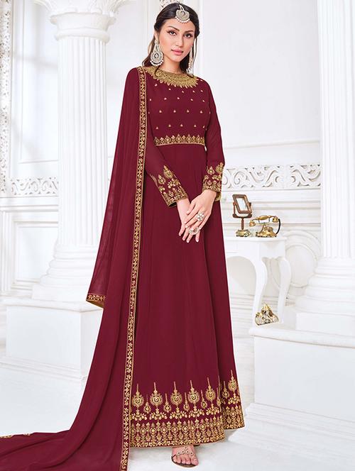 maroon georgette semistitched suit - 18020457 - Very Small Image - 1