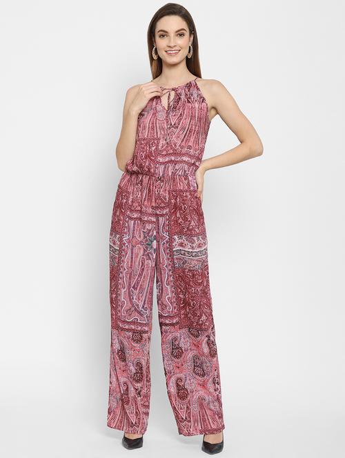 tie up neck floral full leg jumpsuit - 18021377 - Very Small Image - 1