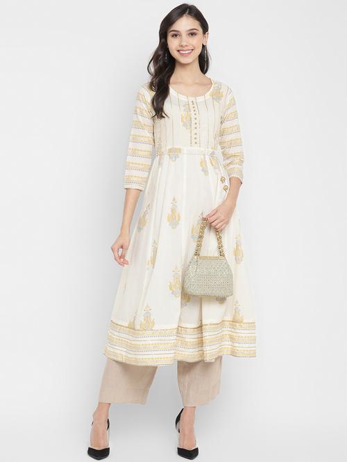 cream cotton anarkali kurta - 18021781 - Very Small Image - 1