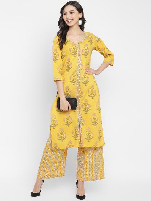 yellow cotton straight kurta - 18021791 - Very Small Image - 1