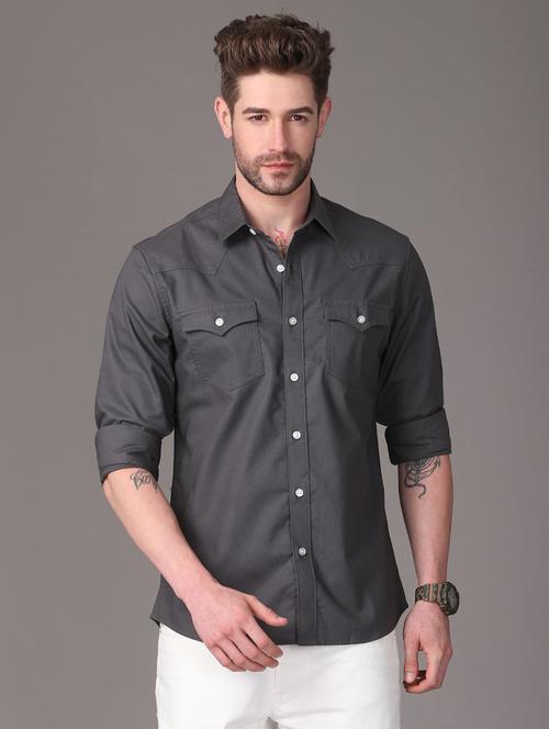 grey solid casual shirt - 18021925 - Very Small Image - 1