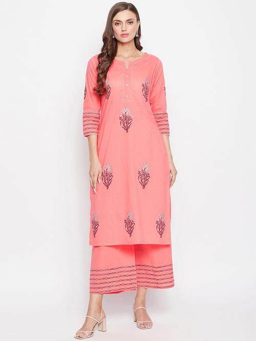 peach cotton kurta palazzo set - 18022423 - Very Small Image - 1