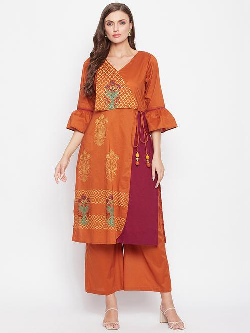 orange cotton kurta palazzo set - 18022431 - Very Small Image - 1