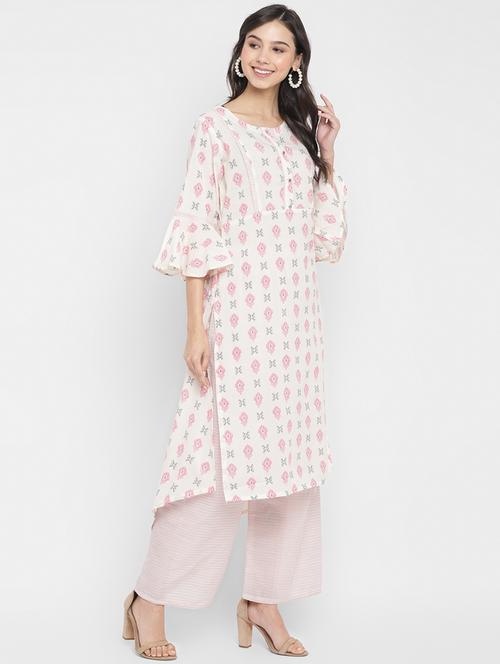 cream cotton kurta palazzo set - 18022617 - Very Small Image - 1