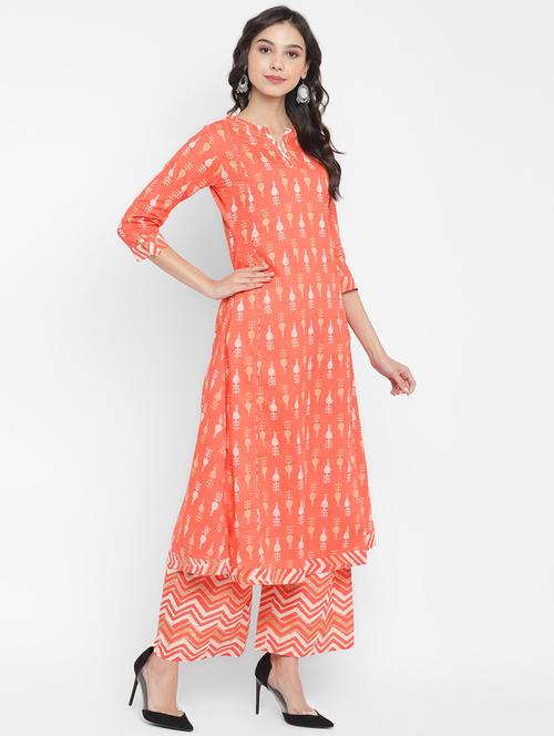 orange cotton kurta palazzo set - 18022621 - Very Small Image - 1