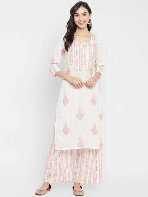 cream cotton kurta palazzo set - 18022627 - Very Small Image - 1