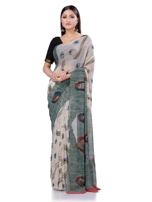offwhite chiffon printed saree with blouse - 18023262 - Very Small Image - 1