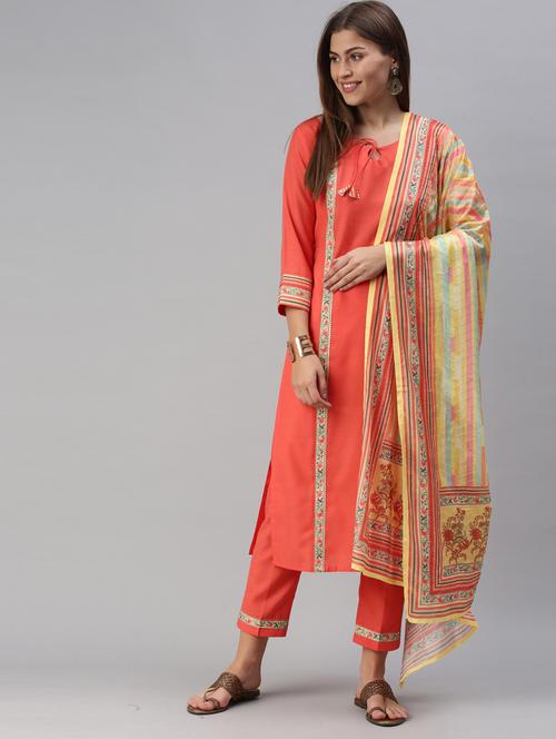orange cotton blend kurta pant set - 18023381 - Very Small Image - 1
