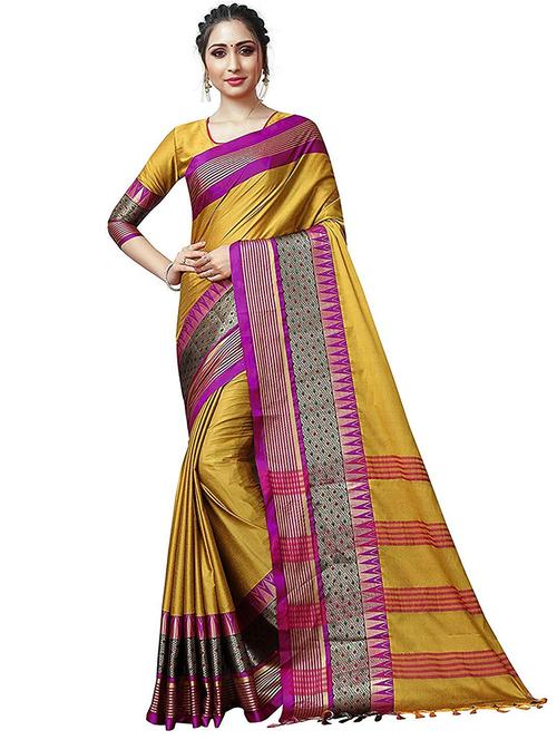 yellow silk bordered saree with blouse - 18023988 - Very Small Image - 1