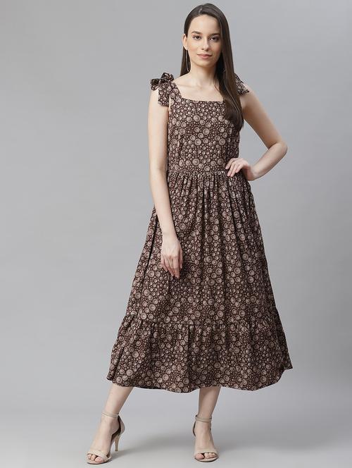 tie knot shoulder printed fit & flare dress - 18024271 - Very Small Image - 1