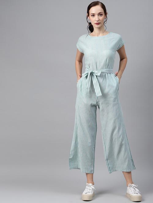 tie front striped full leg jumpsuit - 18024681 - Very Small Image - 1