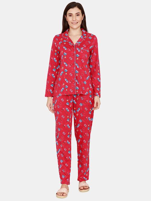 lapel neck printed nightwear pajama set - 18024805 - Very Small Image - 1