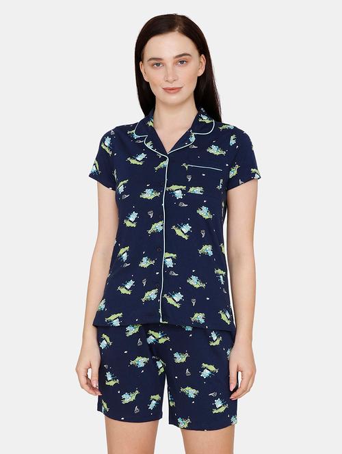 lapel neck printed nightwear shorts set - 18024817 - Very Small Image - 1