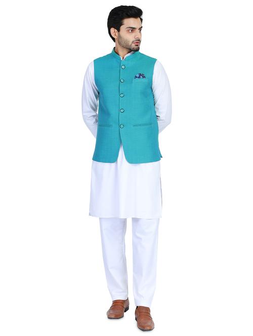 white solid kurta pyjama set with green solid nehru jacket - 18025163 - Very Small Image - 1