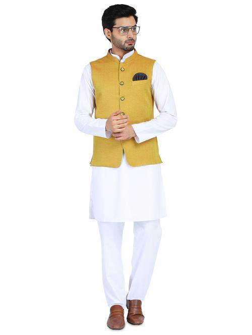 white solid kurta pyjama set with mustard nehru jacket - 18025165 - Very Small Image - 1