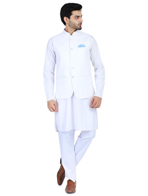 white solid kurta pyjama set with white nehru jacket - 18025167 - Very Small Image - 1