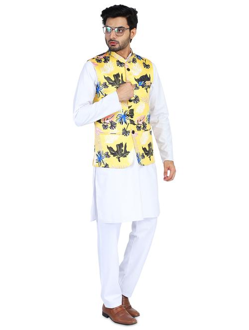 white solid kurta pyjama set with printed nehru jacket - 18025168 - Very Small Image - 1