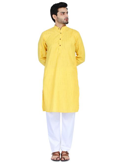 yellow self design kurta pyjama set - 18025209 - Very Small Image - 1