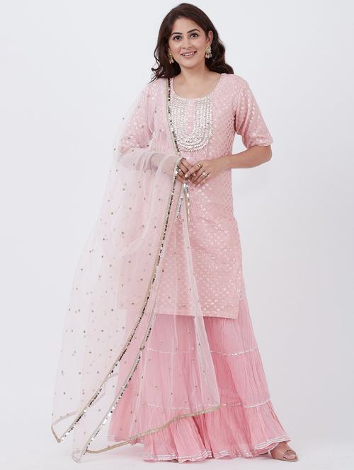 pink cotton blend kurta sharara set - 18025234 - Very Small Image - 1