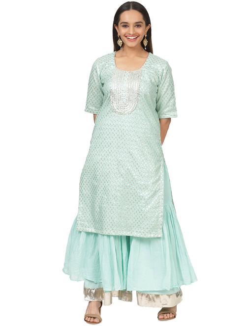blue cotton blend kurta sharara set - 18025247 - Very Small Image - 1