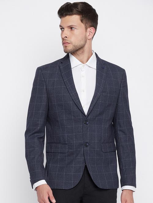 navy blue checkered single breasted casual blazer - 18025423 - Very Small Image - 1