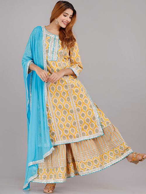 yellow cotton kurta sharara set - 18025725 - Very Small Image - 1