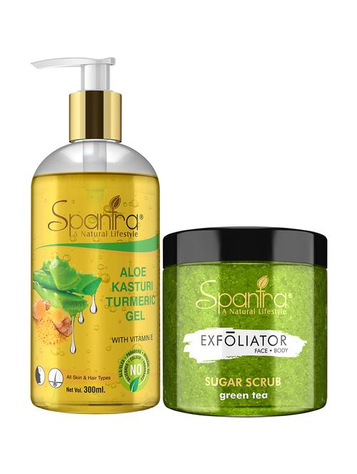 spantra sugar green tea scrub, 125gm & kasturi turmeric soothing gel, 300ml pack of 2 - 18025923 - Very Small Image - 1
