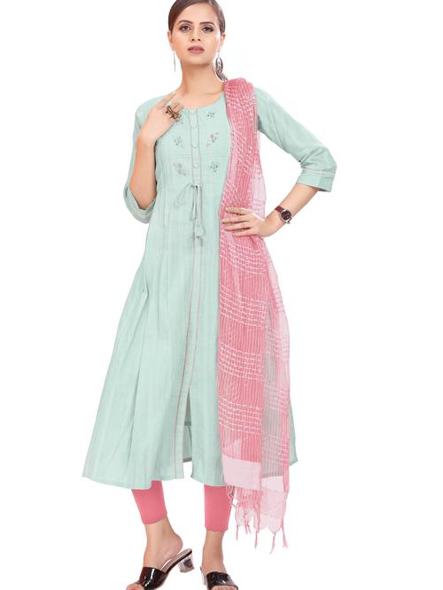 green round neck front slit kurta - 18026101 - Very Small Image - 1