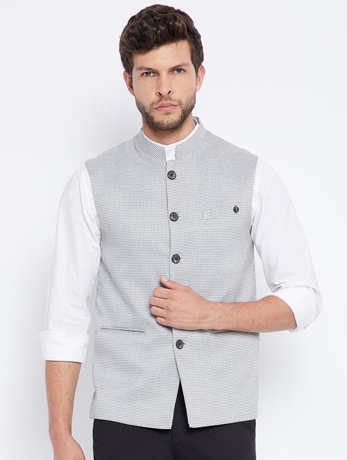 grey checkered nehru jacket - 18027198 - Very Small Image - 1